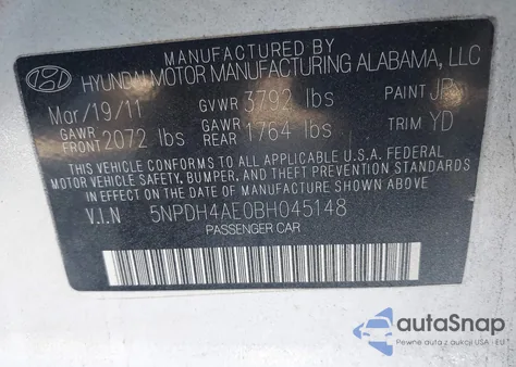 2011 Hyundai Elantra Gls из США, поврежденный, VIN 5NPDH4AE0BH045148